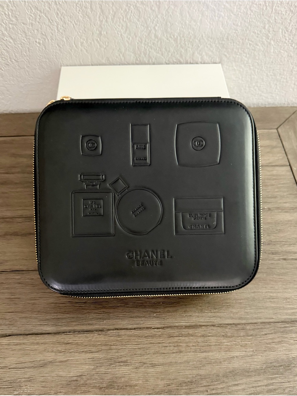 CHANEL Black Embossed Leather Zip Cosmetic Pouch
